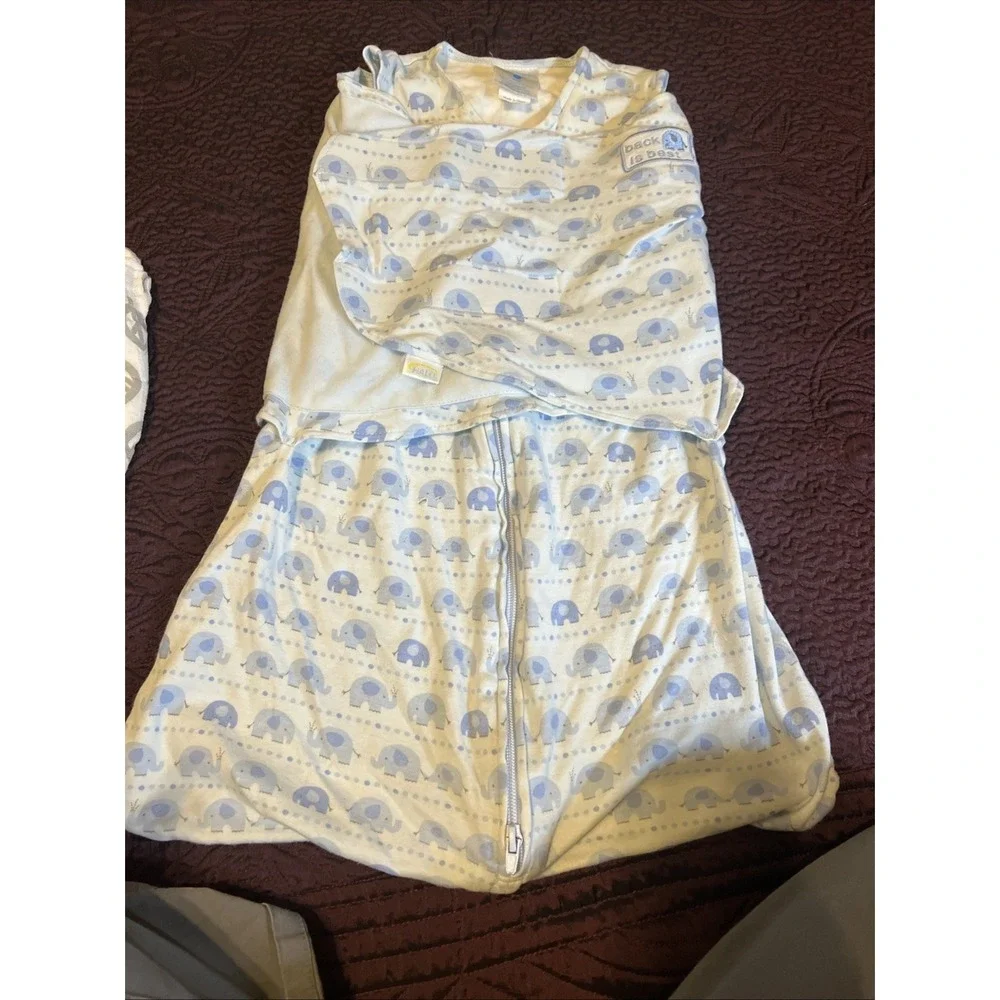 Lot of 2 HALO SleepSack Swaddle Small 3-6 Months Gray Leaves Blue Elephants Used